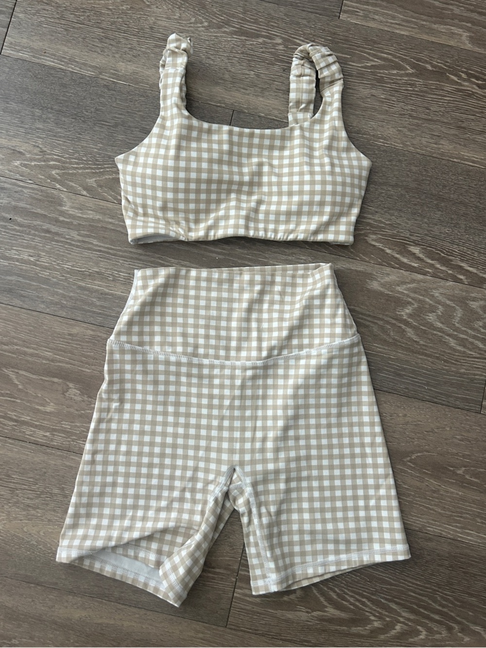 Astoria Plaid High-Waist Biker Short Set — Beige Gingham